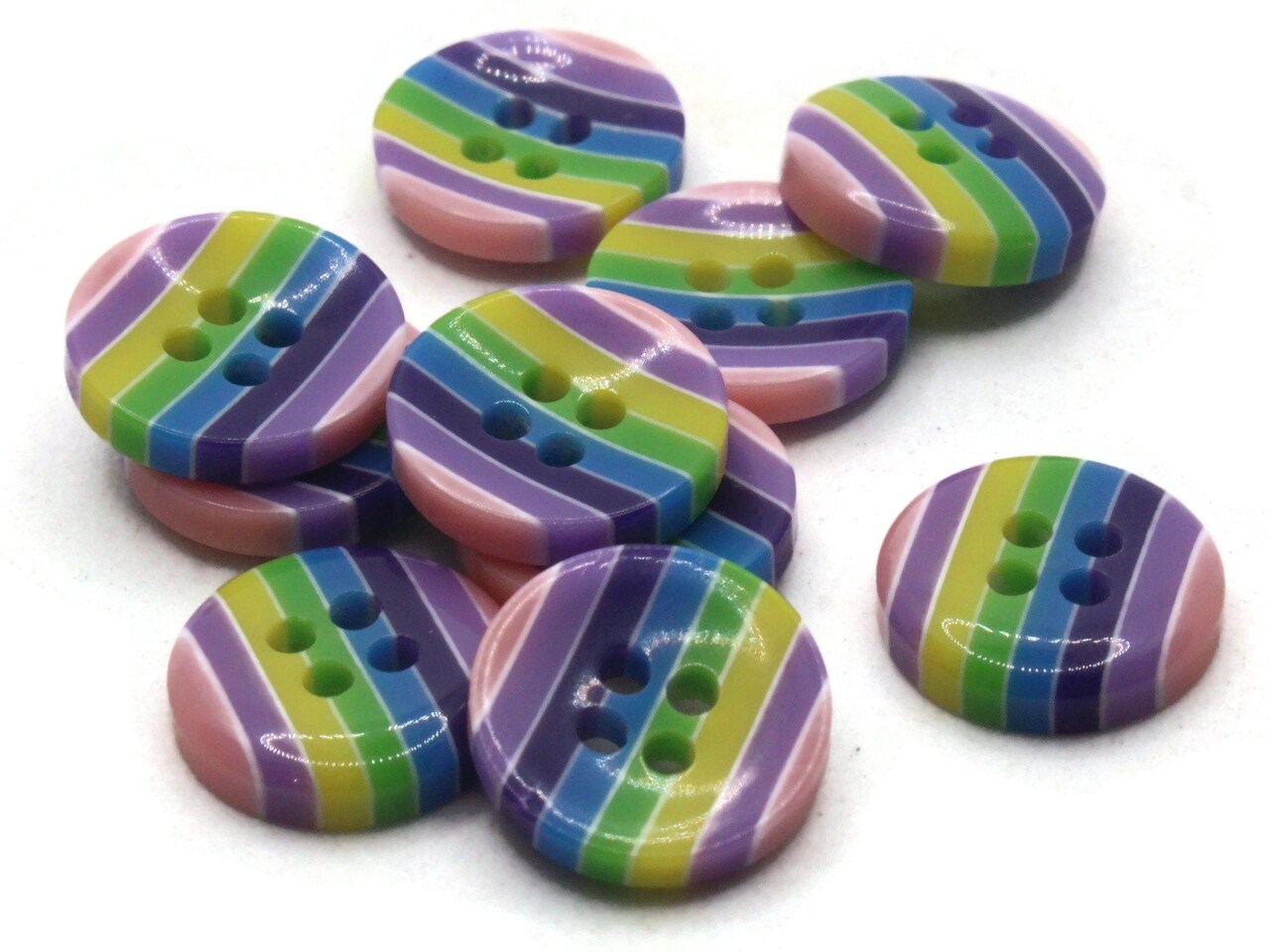 10 13mm Rainbow Striped with Pink Ends Resin Flat Round Plastic Four Hole Buttons